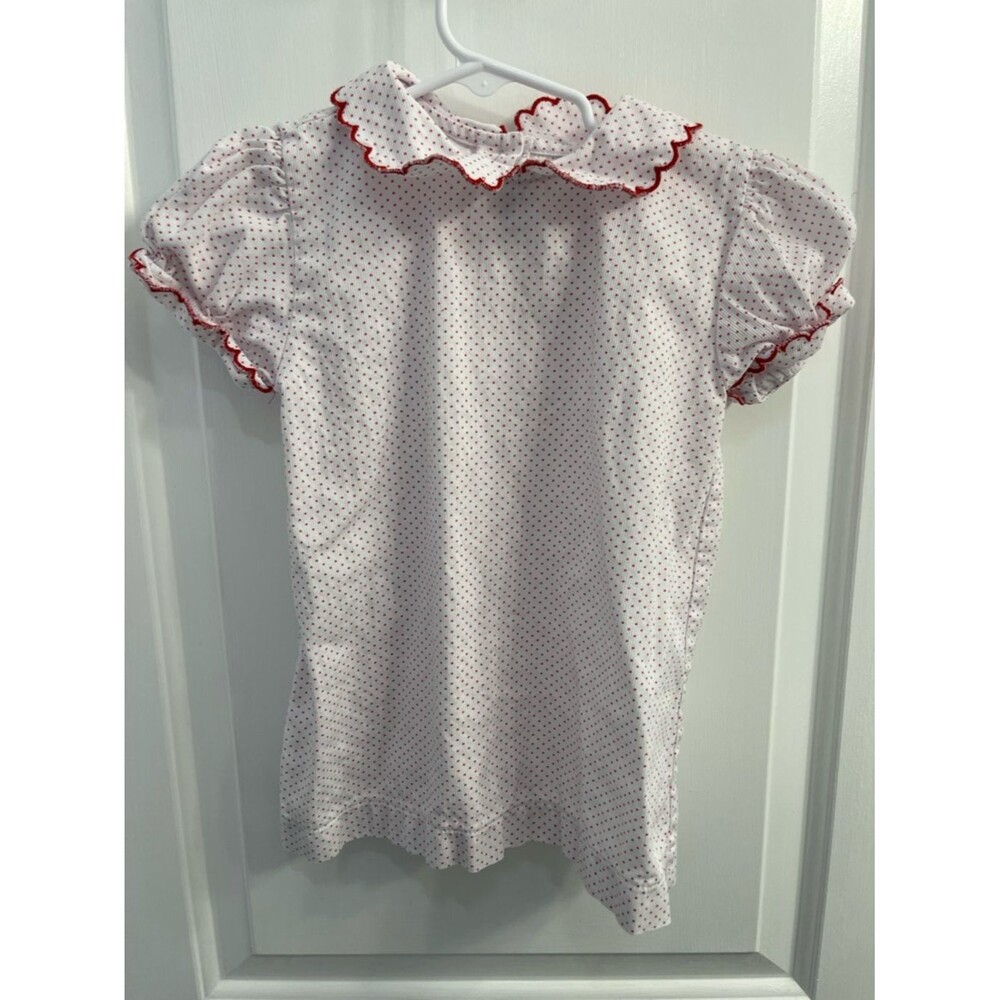 James & Lottie Girls White Top with Red Dot Print and Scalloped Trim